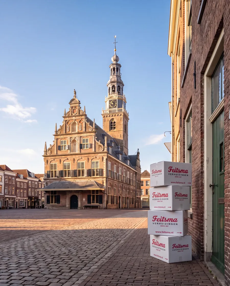 Feitsma moving boxes stacked on the Waagplein in Alkmaar, with De Waag lit by low sun