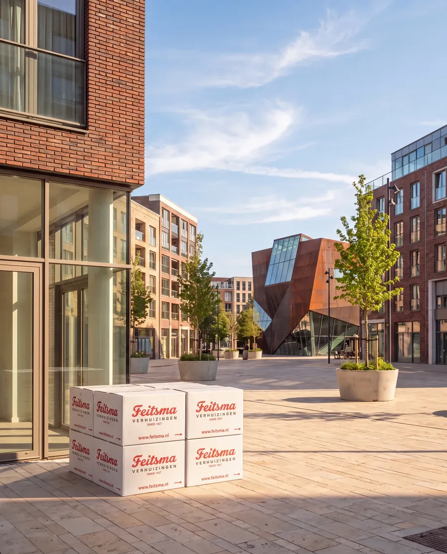 Feitsma moving boxes on a square in the Stadshart of Amstelveen, beside modern apartment blocks