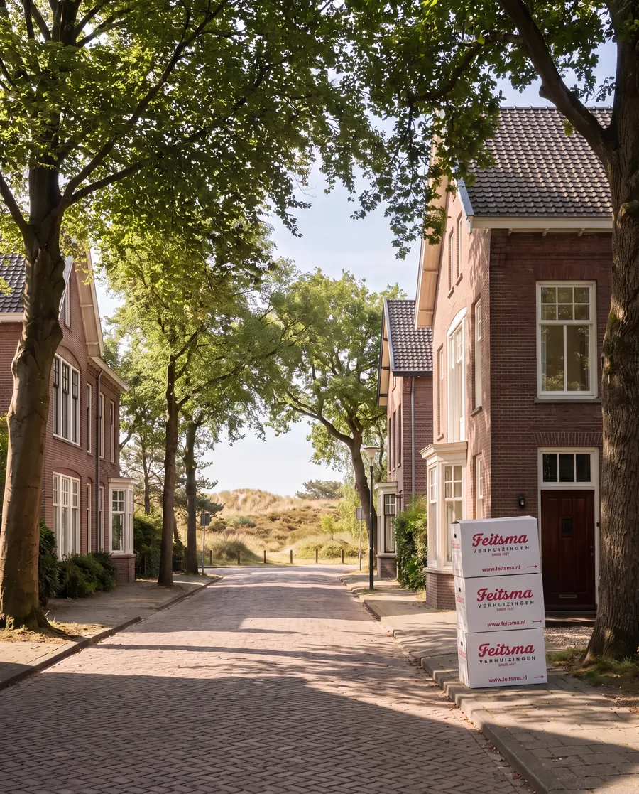 Feitsma moving boxes by a front door in a leafy Bloemendaal street running out to the dunes