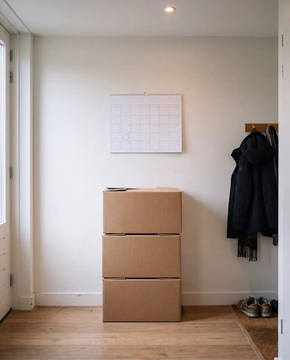 Gang met een stapel onbedrukte verhuisdozen tegen de muur en een papieren maandkalender aan de wand.