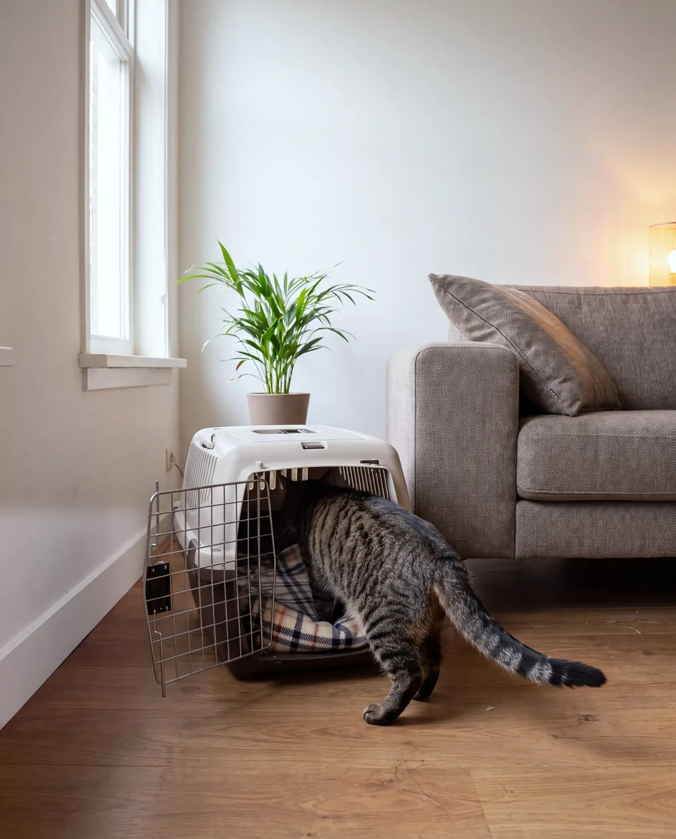 Open transportmand met een deken op de vloer van een woonkamer, een kat stapt erin.