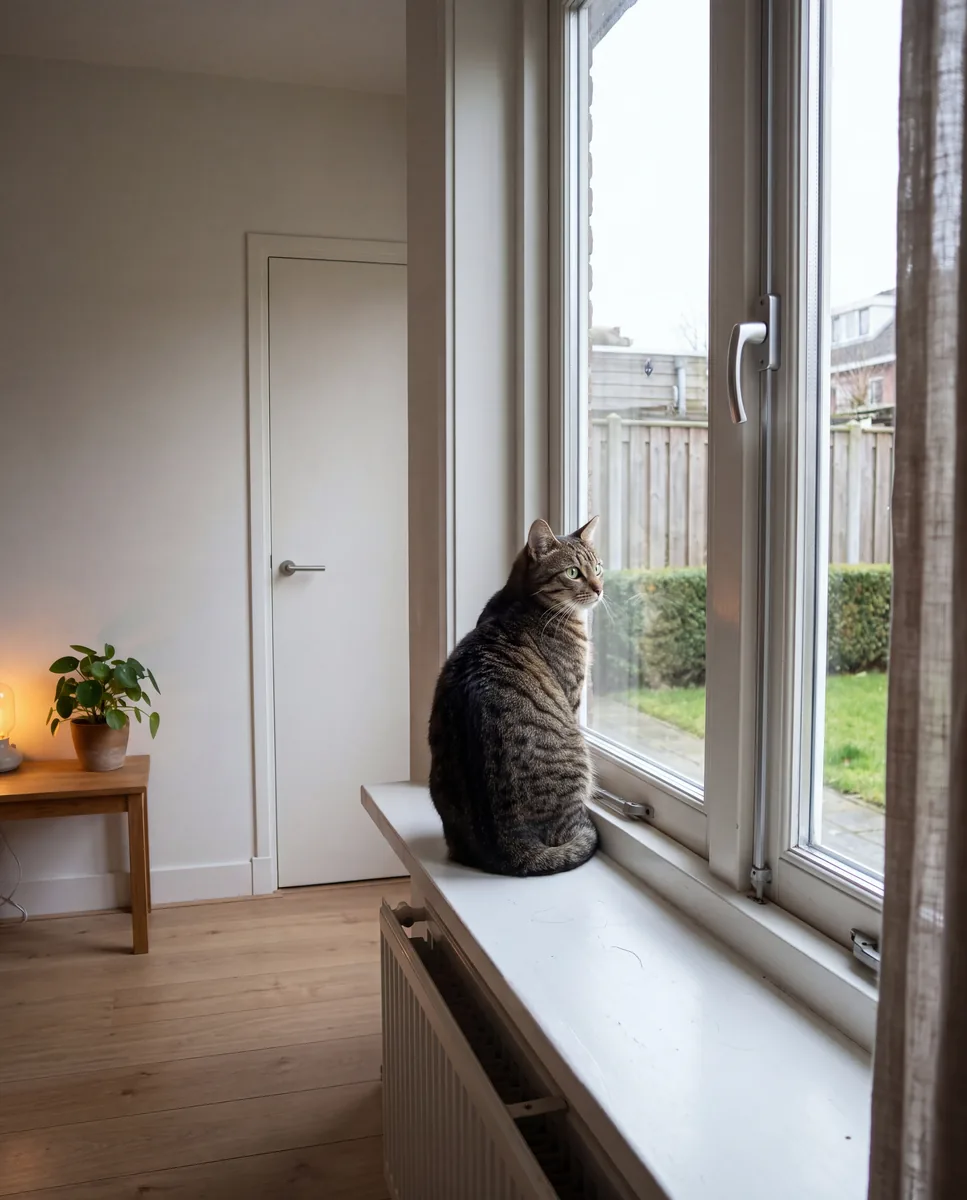 Kat op de vensterbank achter een gesloten raam kijkt naar een achtertuin.