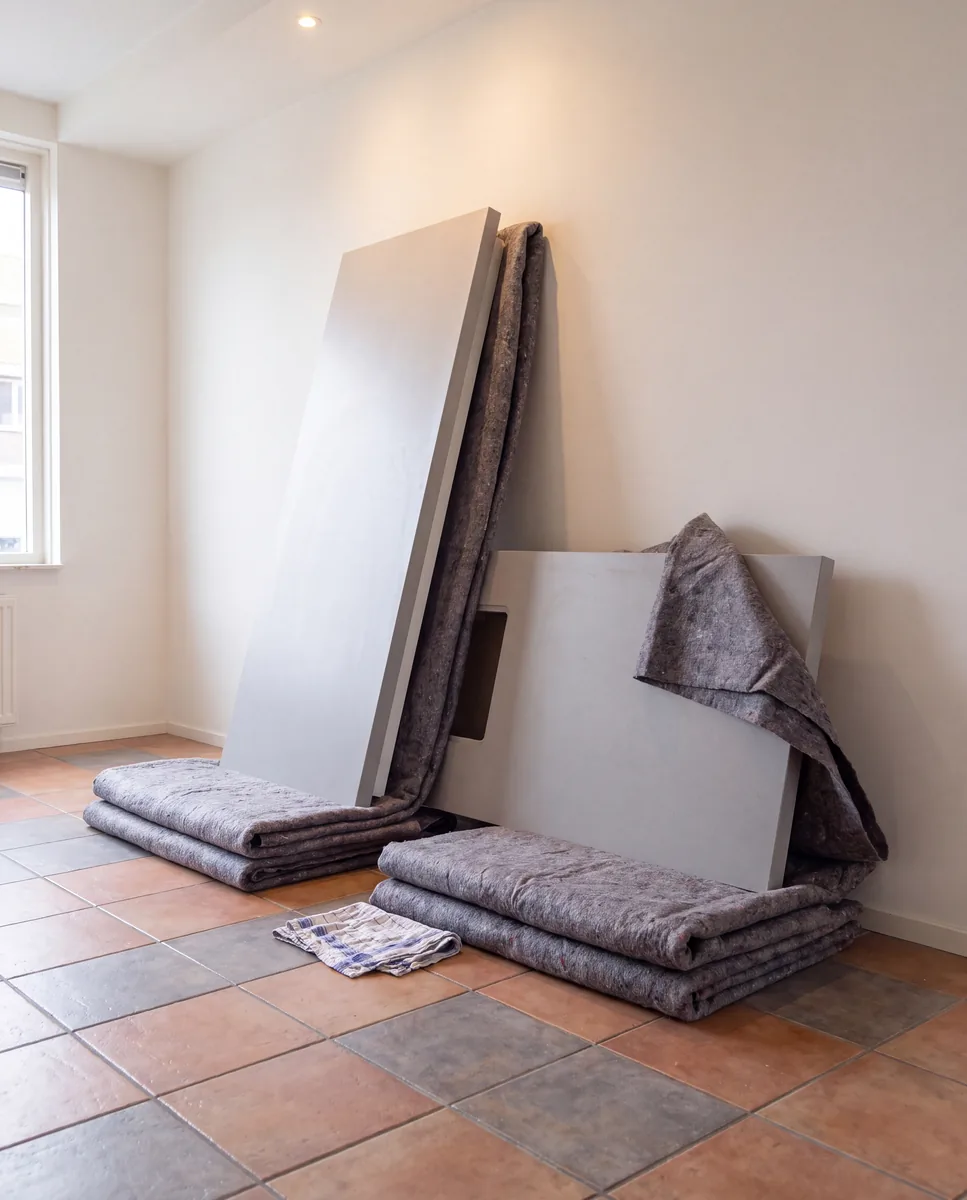 Composiet werkblad staat bijna rechtop op verhuisdekens tegen een lege keukenwand.