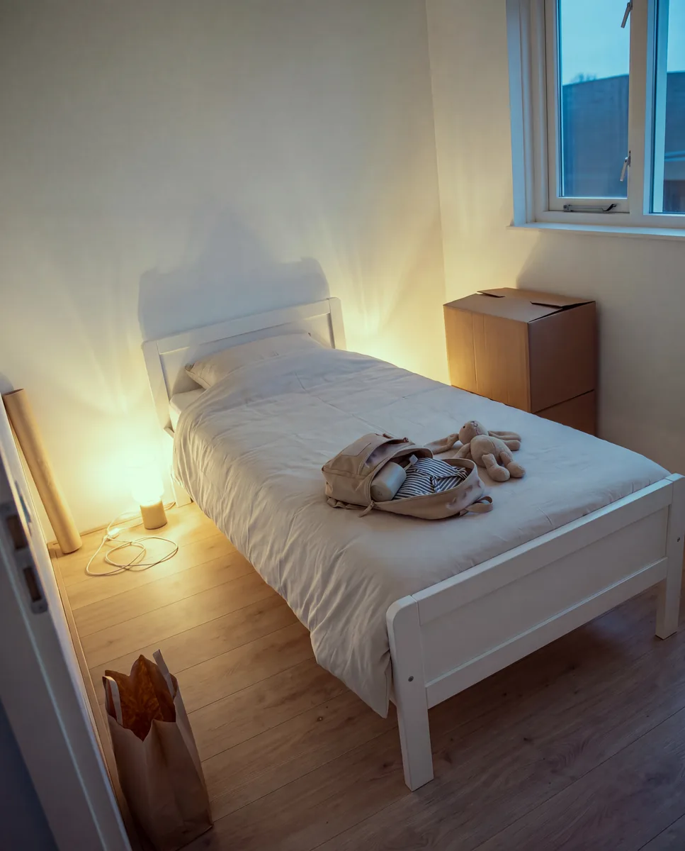 Opgemaakt kinderbed met een klein rugzakje en een knuffel, in de hoek een verhuisdoos.