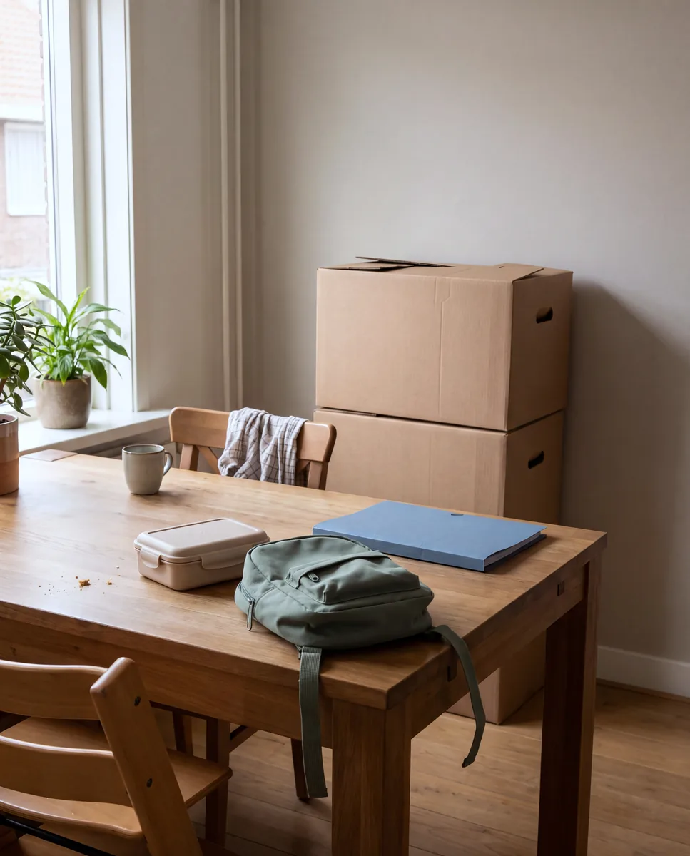 Keukentafel met een kinderrugzak en een broodtrommel, op de achtergrond gesloten verhuisdozen.