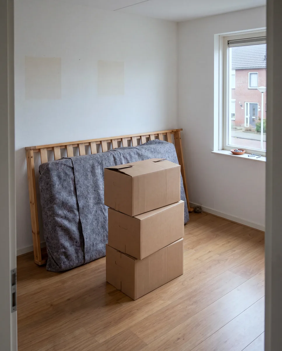 Leeggehaalde kinderkamer met een gedemonteerd bedframe, een matras in een verhuisdeken en verhuisdozen bij de deur.