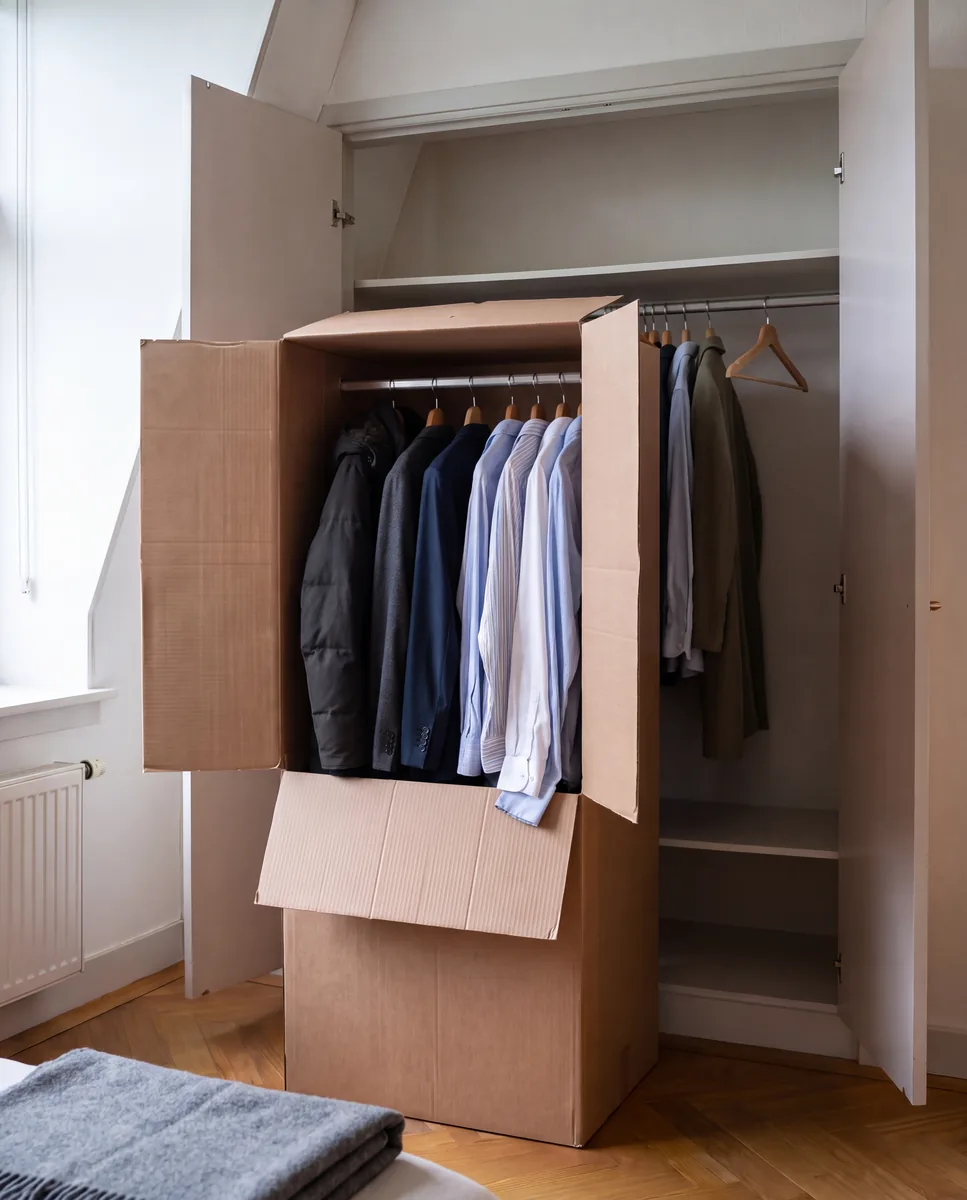 Open garderobedoos met een stang waaraan een winterjas, colberts en overhemden op hangers hangen, voor een open witte kledingkast op een parketvloer.