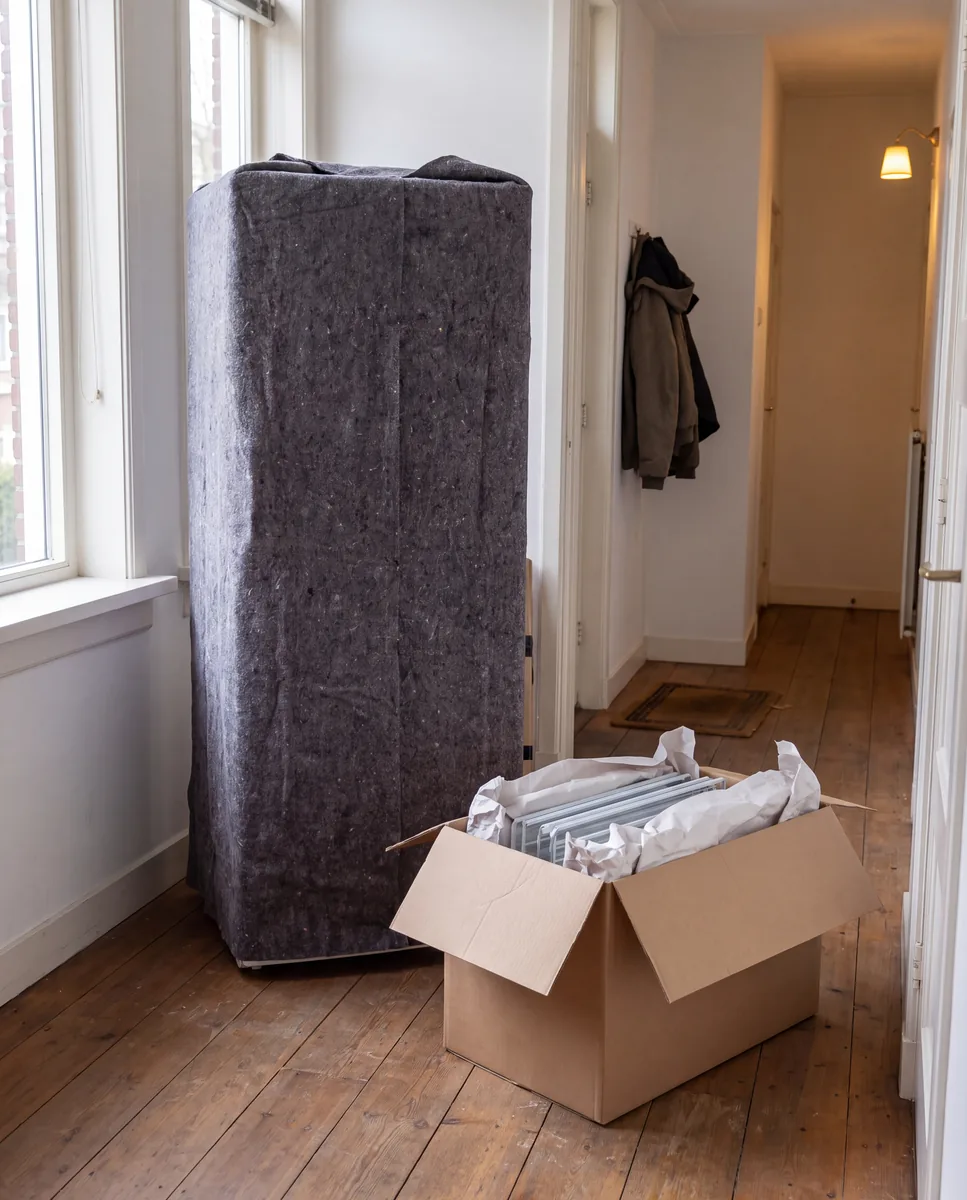 Rechtopstaande koelkast in een verhuisdeken in een gang, ernaast een verhuisdoos met ingepakte legplanken.