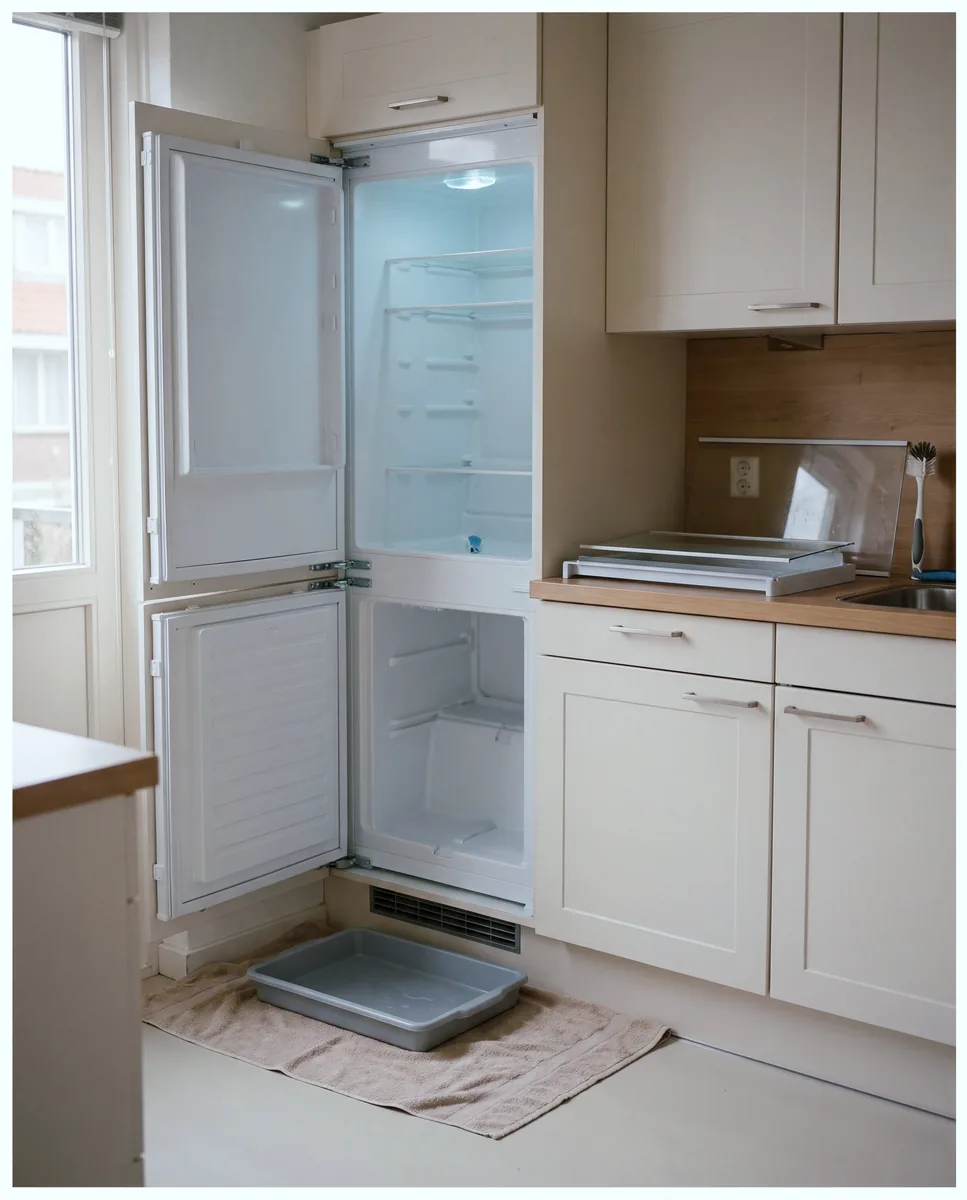 Lege koelkast met open deur in een keuken, de legplanken op het aanrecht en een bak op de vloer voor het dooiwater.