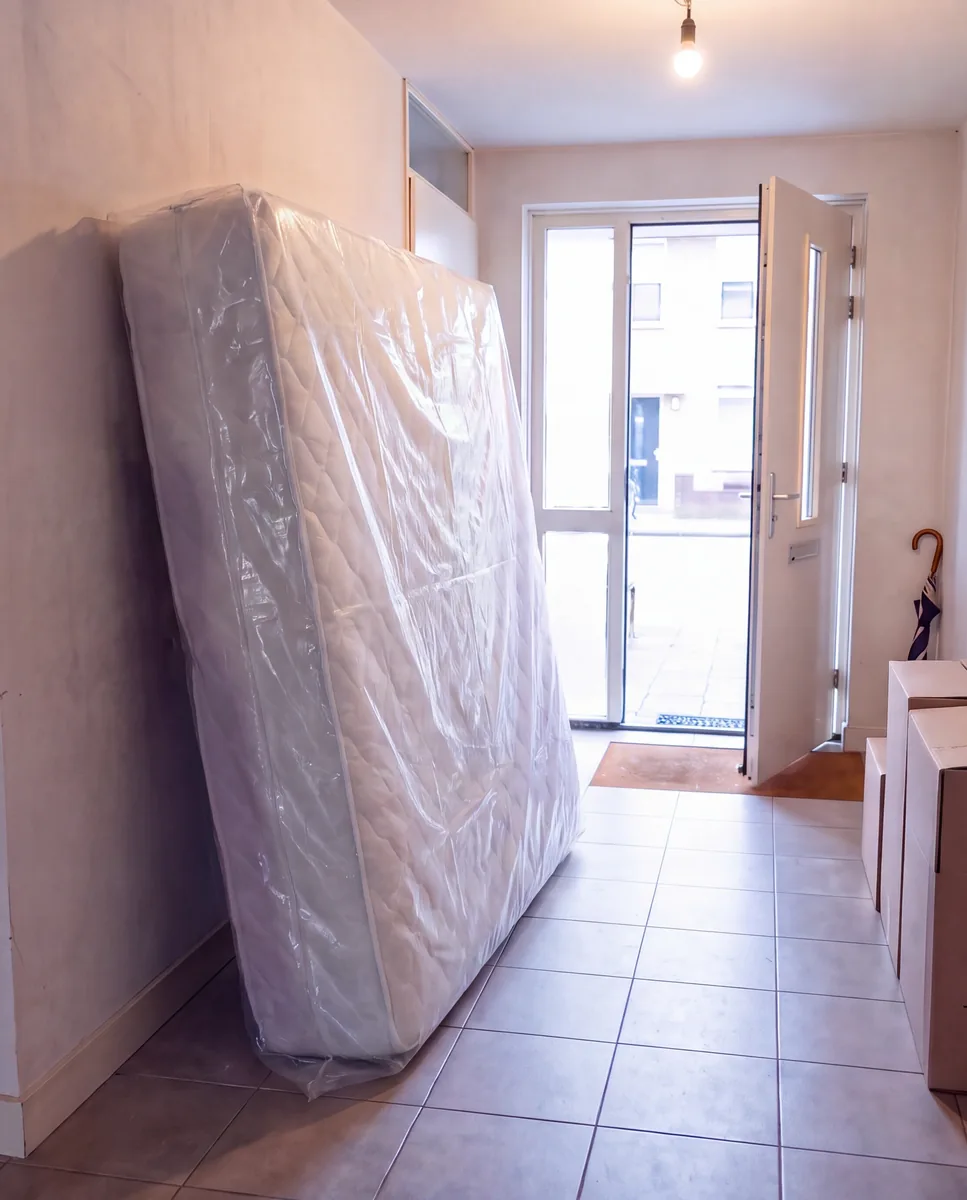 Matras in een doorzichtige verhuismatrashoes staat rechtop tegen de muur in een hal naast de trap, de voordeur staat open.