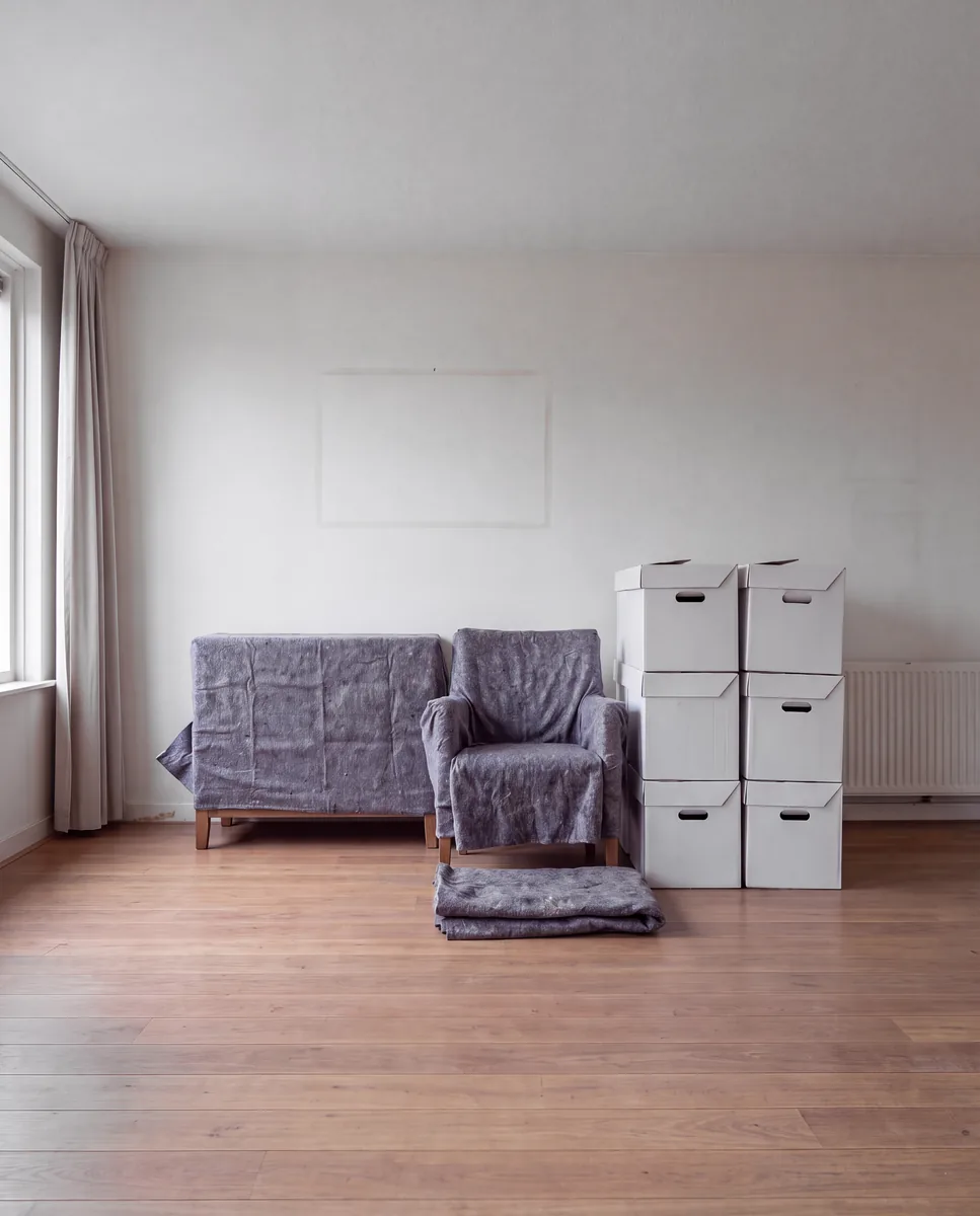 Dressoir en fauteuil in verhuisdekens naast een stapel gesloten verhuisdozen in een half lege woonkamer.