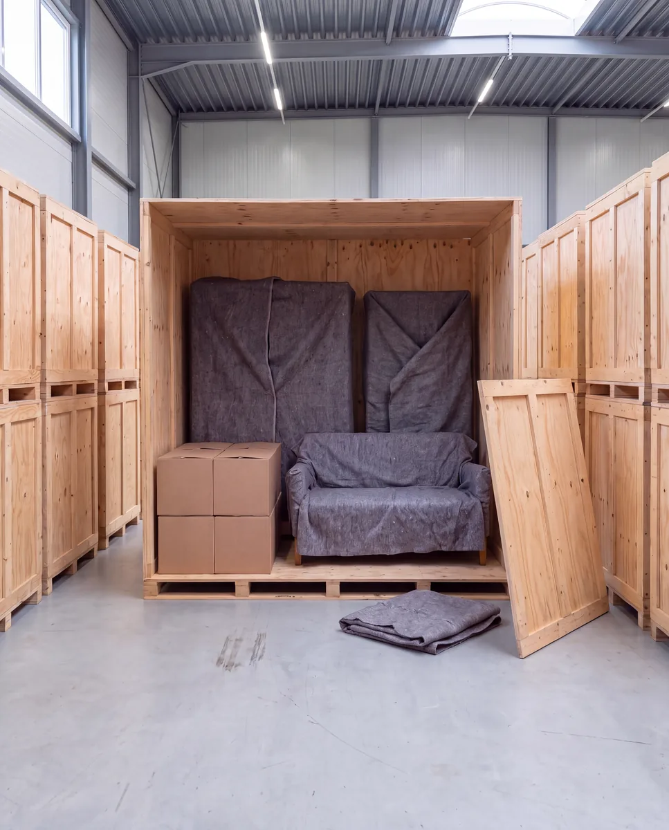 Open houten verhuiskist met ingepakte meubels en dozen in een loods, met gesloten kisten erachter.