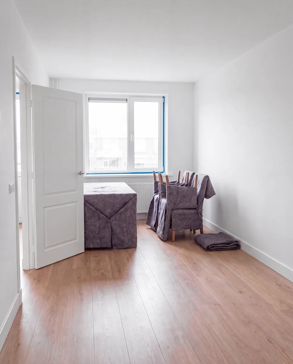 Eettafel en stoelen in verhuisdekens bij de deur van een pas verbouwde, lege woonkamer met nieuwe houten vloer.