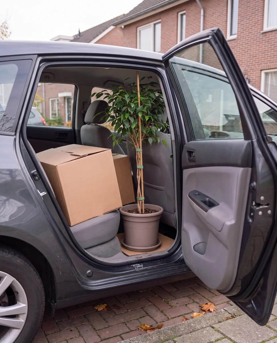 Grote kamerplant met steunstok rechtop op de vloer achter de voorstoel van een auto, met karton onder de pot en twee verhuisdozen ernaast op de achterbank.