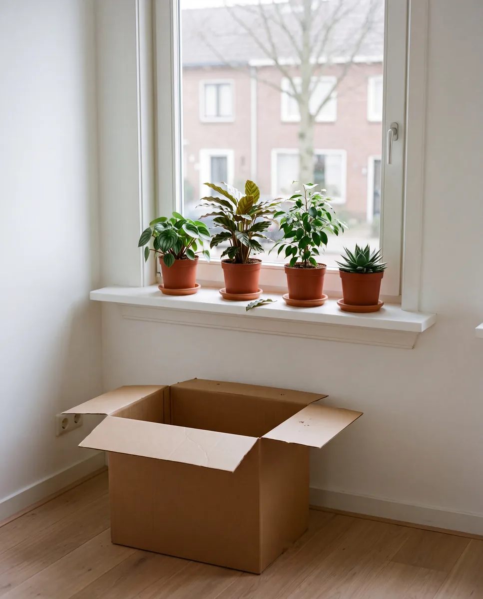Kamerplanten op een vensterbank in een nieuwe woning, met een lege verhuisdoos op de vloer.