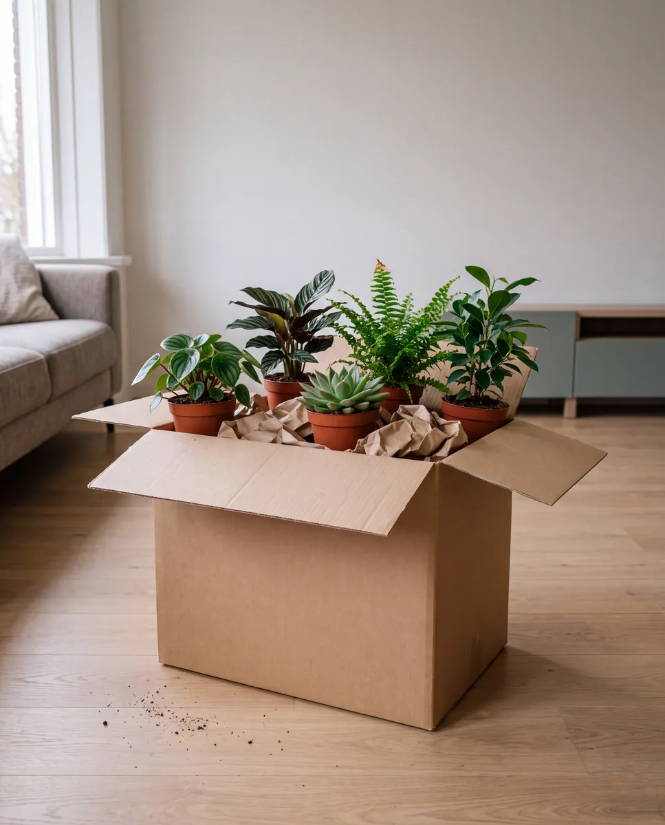 Open verhuisdoos met kleine potplanten en verfrommeld inpakpapier tussen de potten.