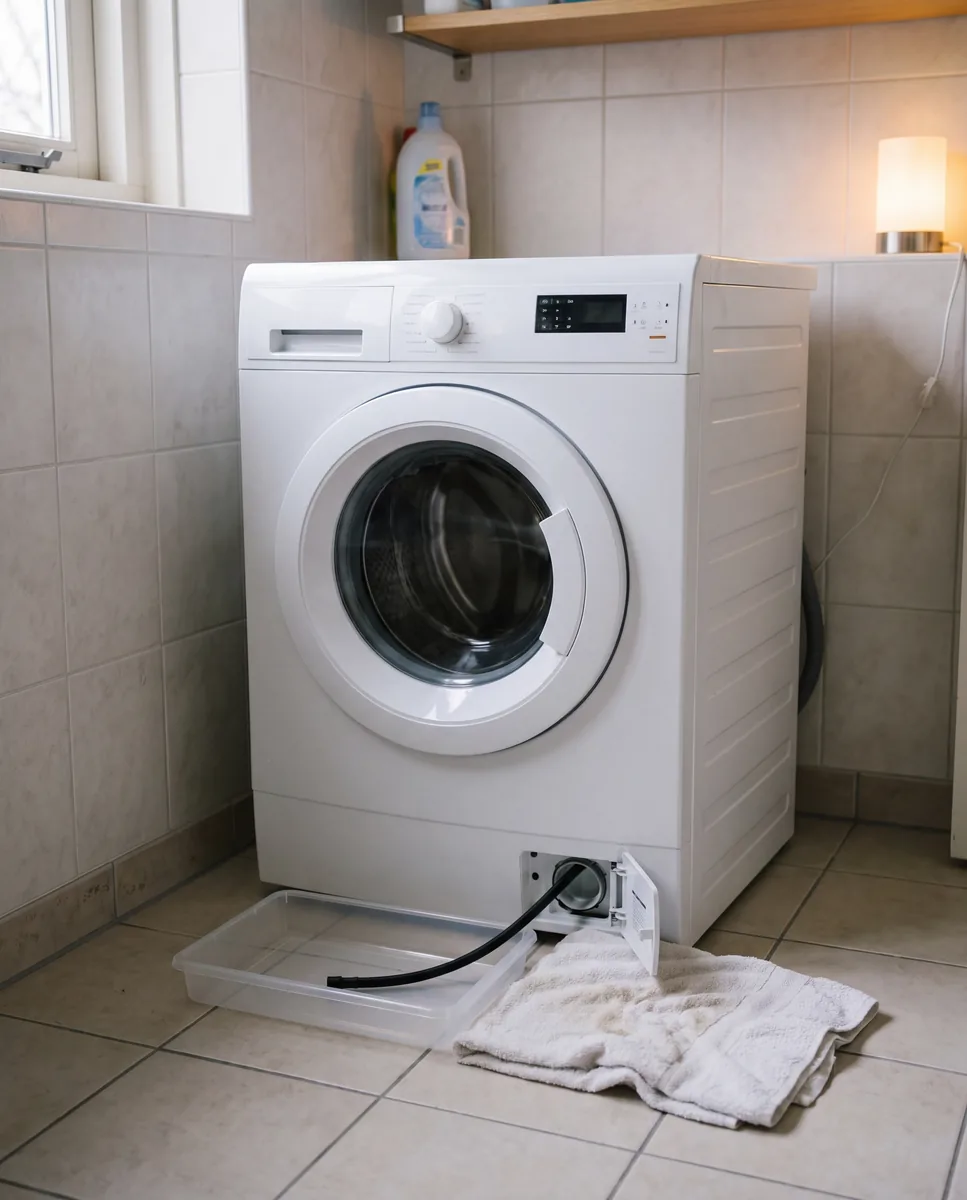 Wasmachine in een bijkeuken met het klepje onderaan open; het noodafvoerslangetje hangt in een lage bak op de vloer en de bovenkant van de machine is leeg.
