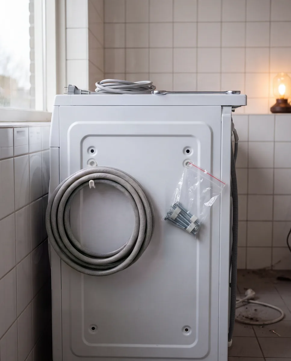 Achterwand van een wasmachine met een doorzichtig zakje transportbouten bij de lege boutgaten en de slangen opgerold aan een haakje; boven op de machine liggen de opgerolde stroomkabel en een steeksleutel.
