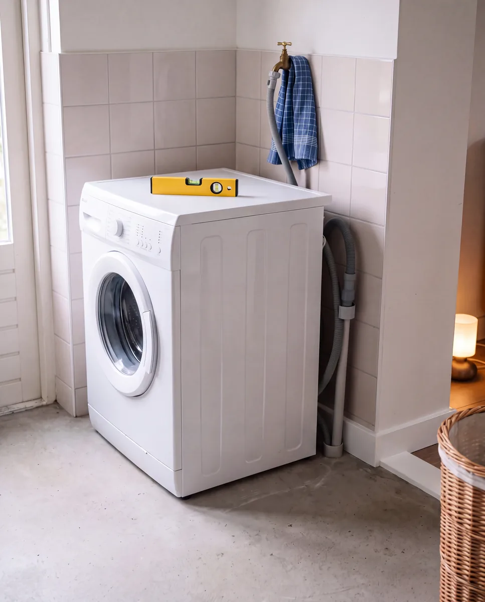 Wasmachine op zijn nieuwe plek met een waterpas bovenop; achter de machine zijn de aangesloten toevoer- en afvoerslang te zien.