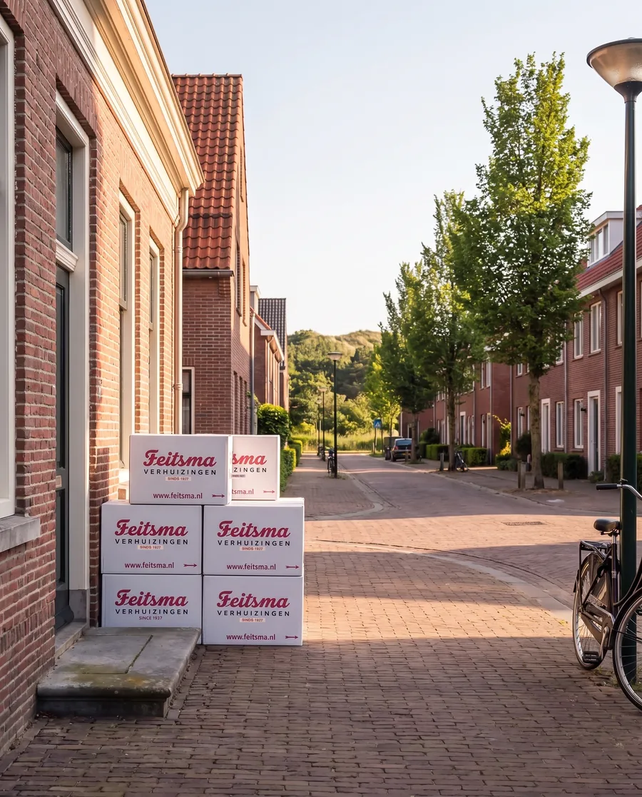 Dorpsstraat van Castricum bij de duinrand op een zonnige dag met verhuisdozen bij een voordeur