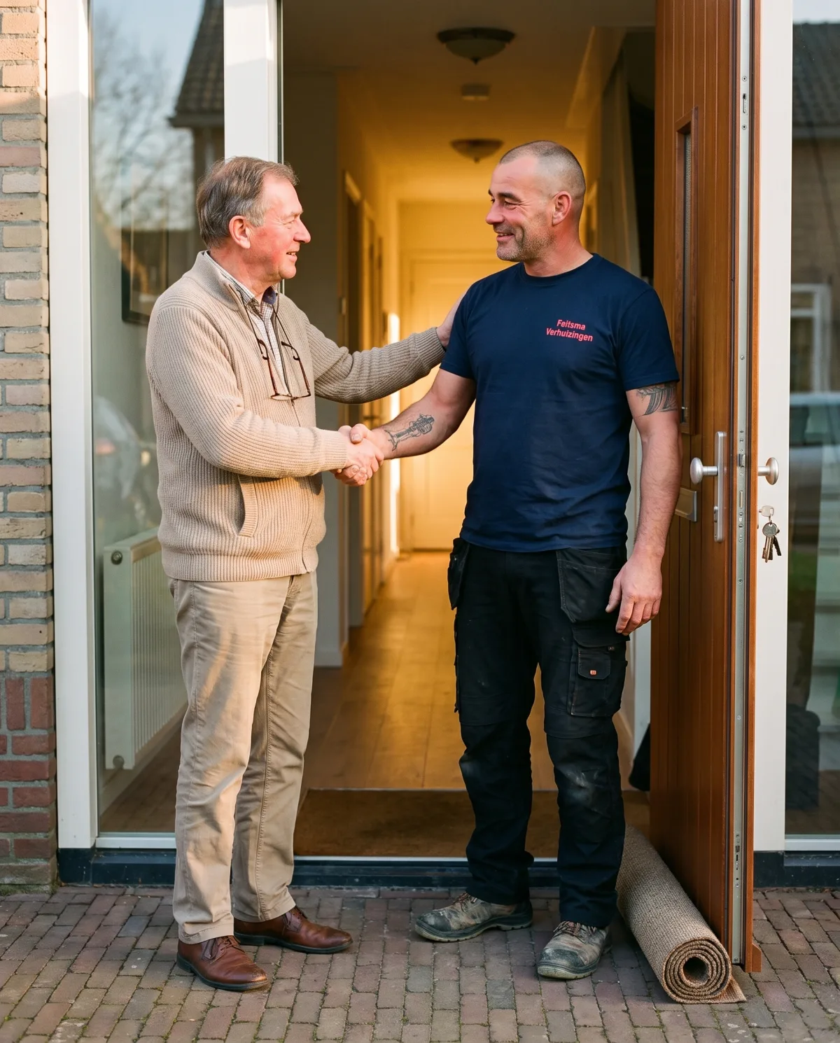 Verhuizer en klant geven elkaar een hand naast de verhuiswagen