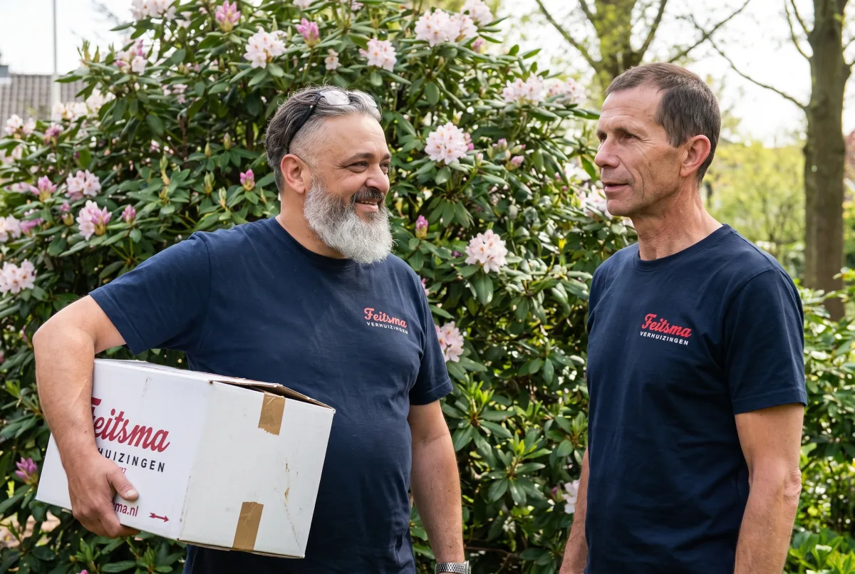 Twee ervaren verhuizers overleggen in de tuin voor de woning