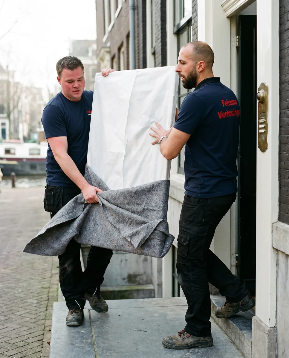 Volledig ingepakt schilderij wordt over de stoep naar buiten gedragen