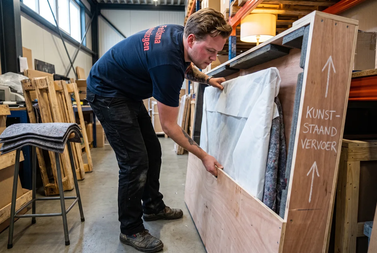Wrapped artwork going upright into the wooden art crate in the warehouse
