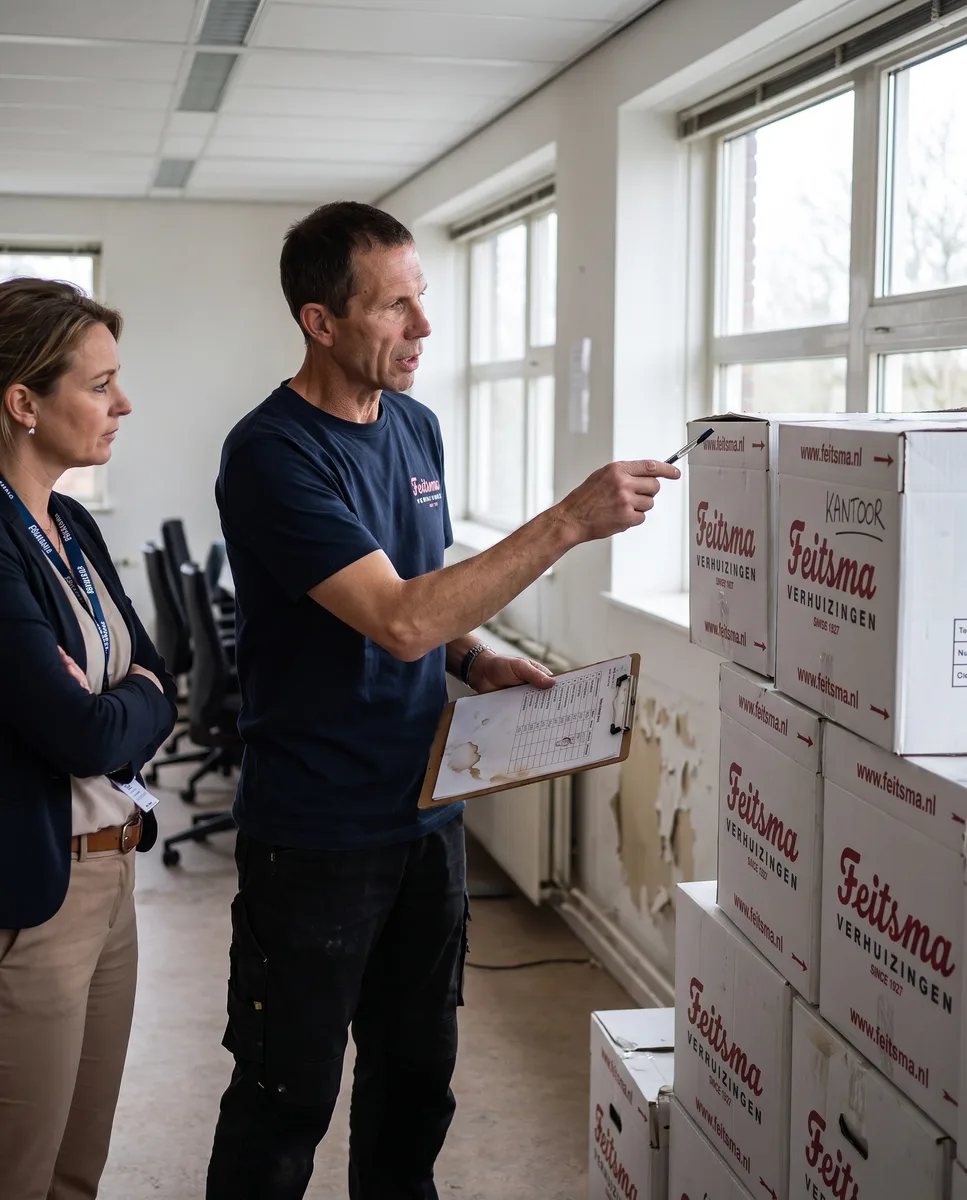 Voorman overlegt met de facilitair manager op de lege kantoorvloer