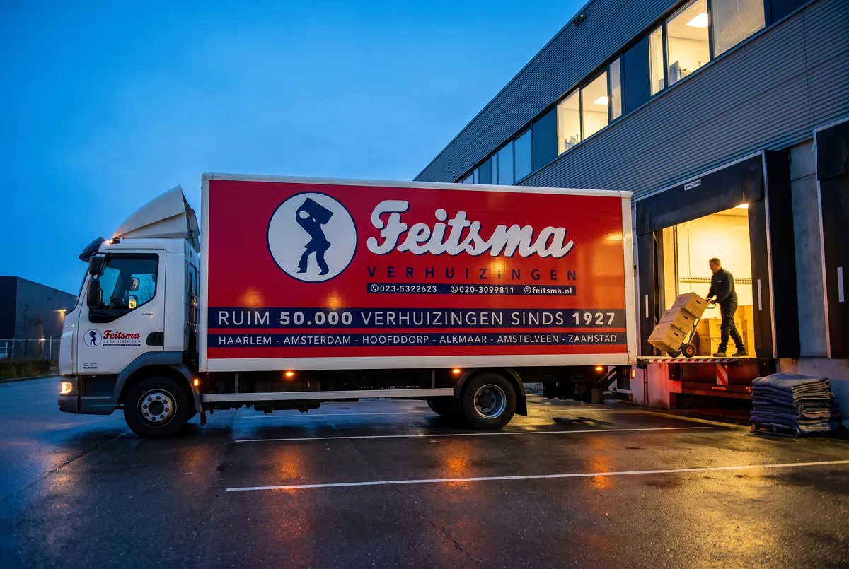 Feitsma-verhuiswagen bij het laadperron in het blauwe uur