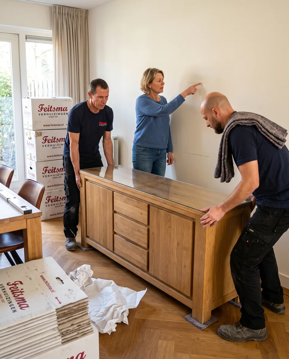 Twee bezorgers zetten het dressoir precies op zijn plek in de eetkamer