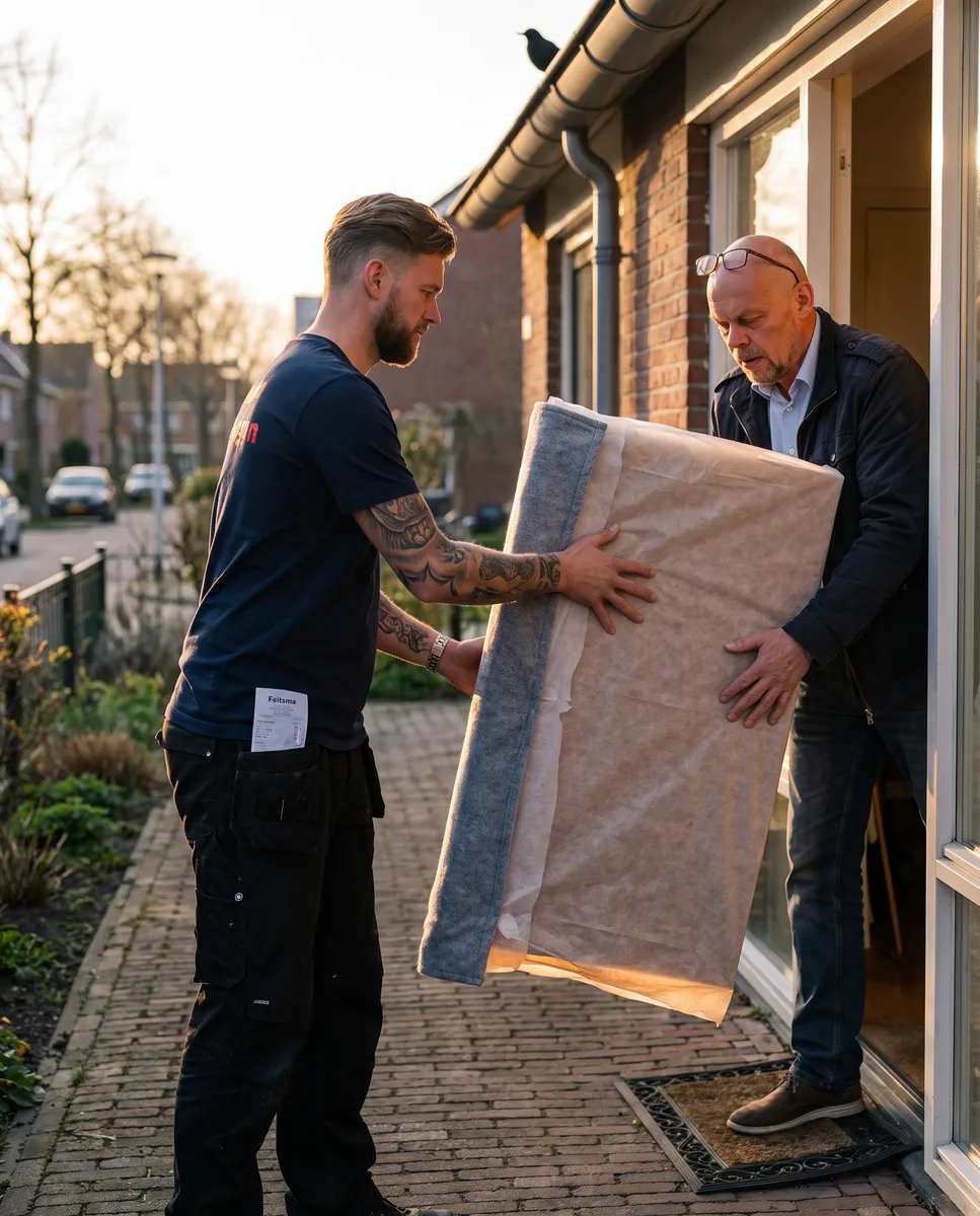 Ingepakt kunstwerk wordt met twee handen overgedragen aan de klant