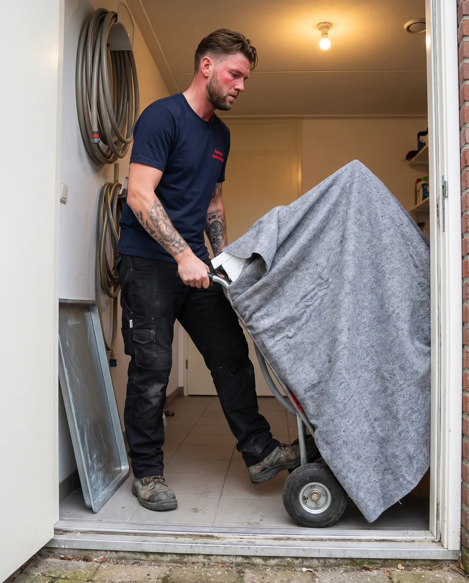 Wasmachine op de steekwagen gaat voorzichtig over de drempel