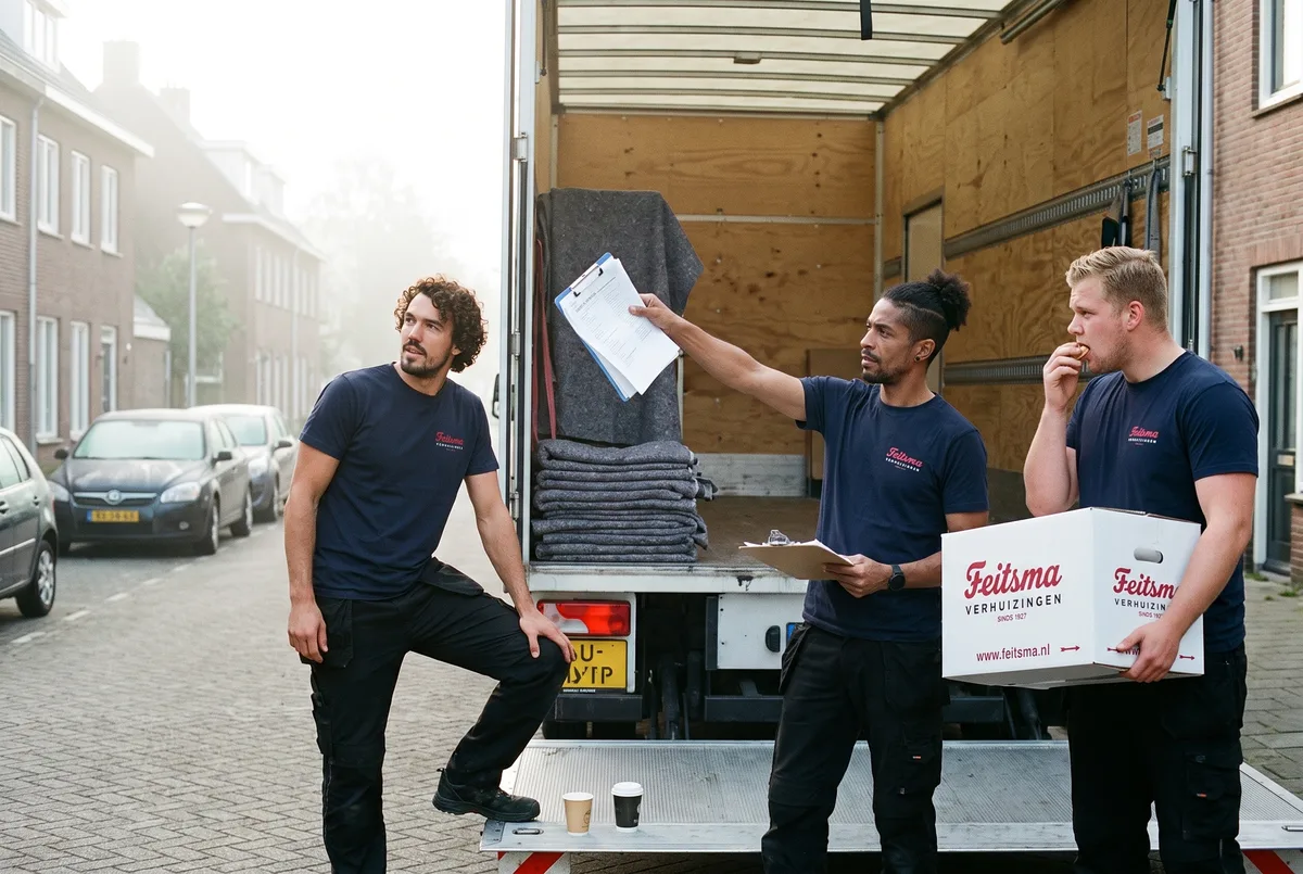Ochtendbriefing bij de open laadklep van de Feitsma-wagen