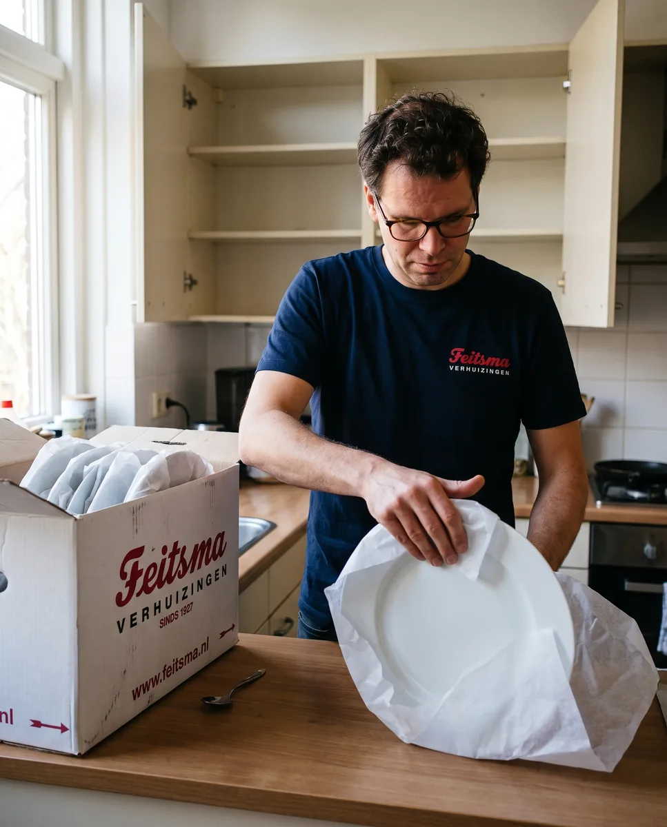 Inpakker wikkelt borden in vloeipapier aan het aanrecht