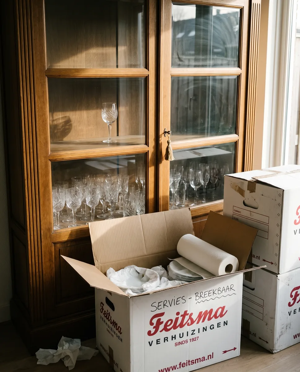 Servieskast half leeg met open Feitsma-doos met opschrift SERVIES - BREEKBAAR