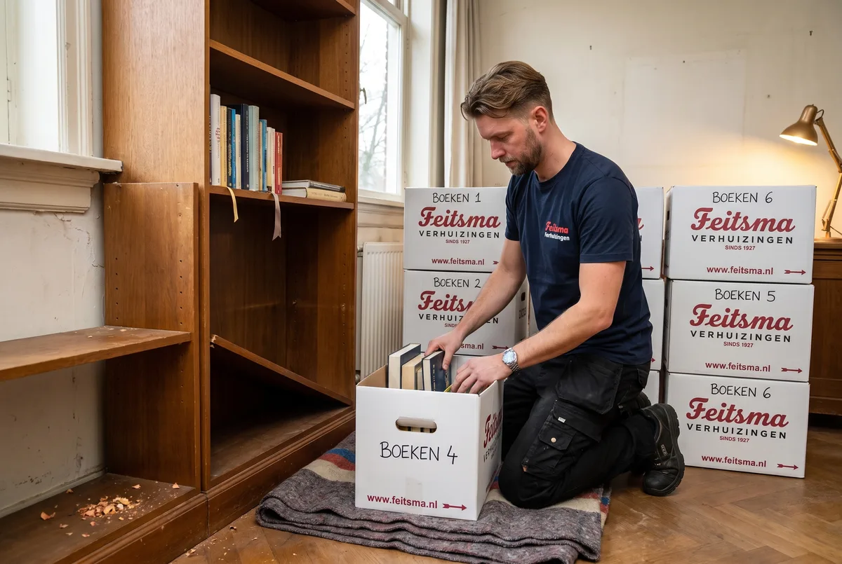 Boekenwand wordt ingepakt in kleine witte Feitsma-boekendozen