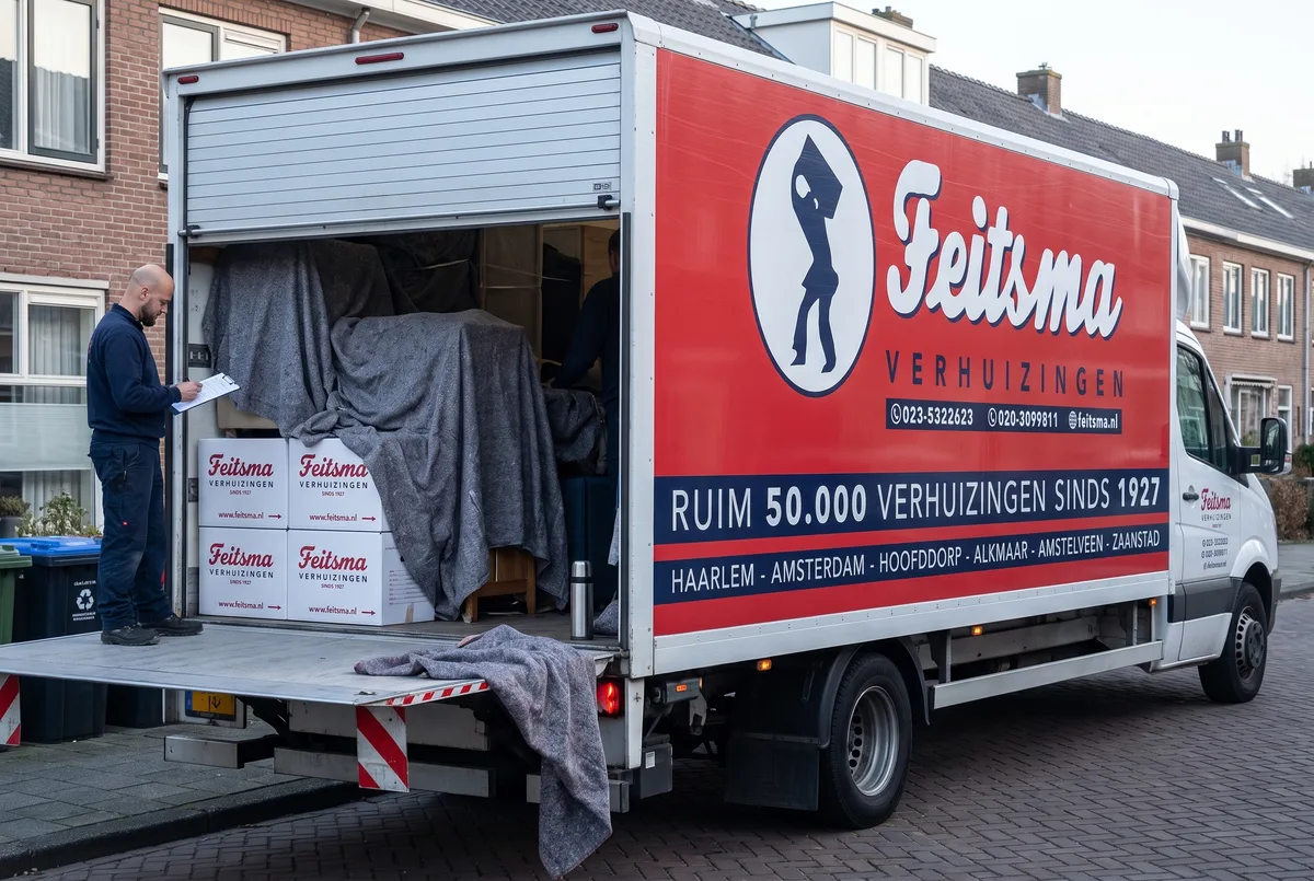 Mover ticking off the inventory list beside the load bed full of blankets and white Feitsma boxes