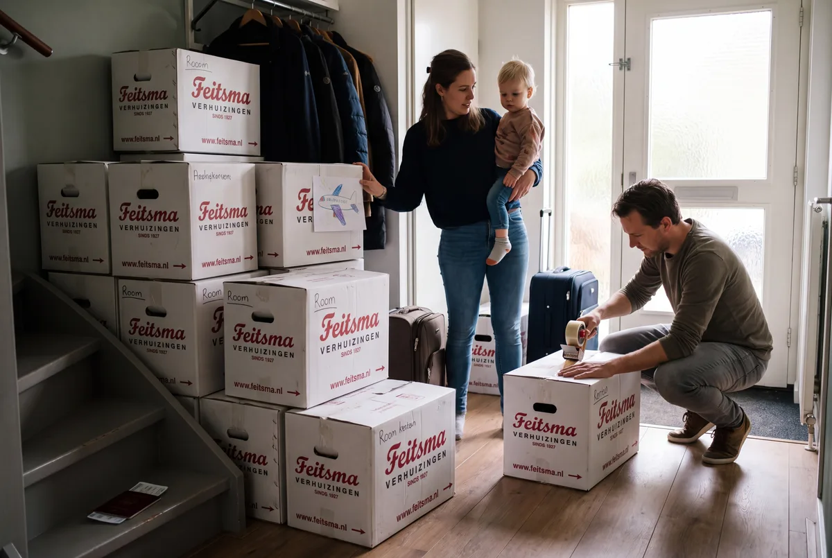 Gezin in de gang met koffers naast de verhuisdozen op verhuisochtend