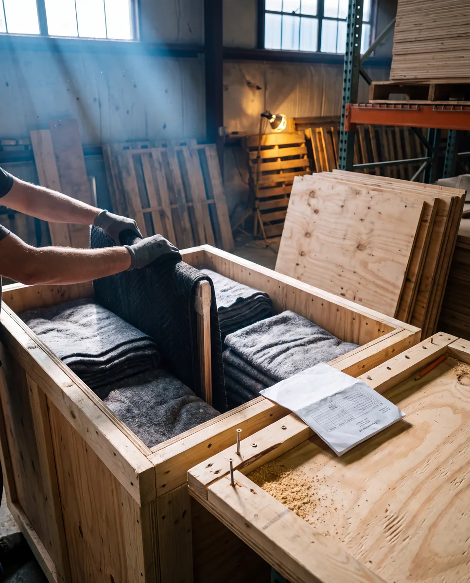 Wooden export crate being filled with wrapped picture frames and moving blankets