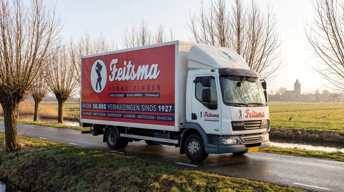 Feitsma-verhuiswagen onderweg over een dijkweg tussen knotwilgen
