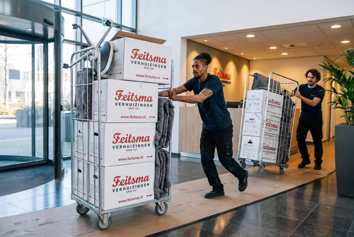Rolcontainers met witte Feitsma-dozen rollen door de kantoorlobby