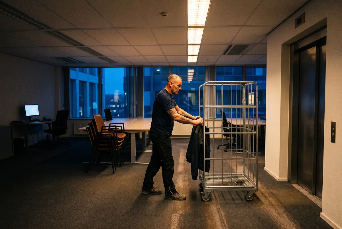 De laatste rolcontainer gaat door het donkere kantoor in het verhuisweekend