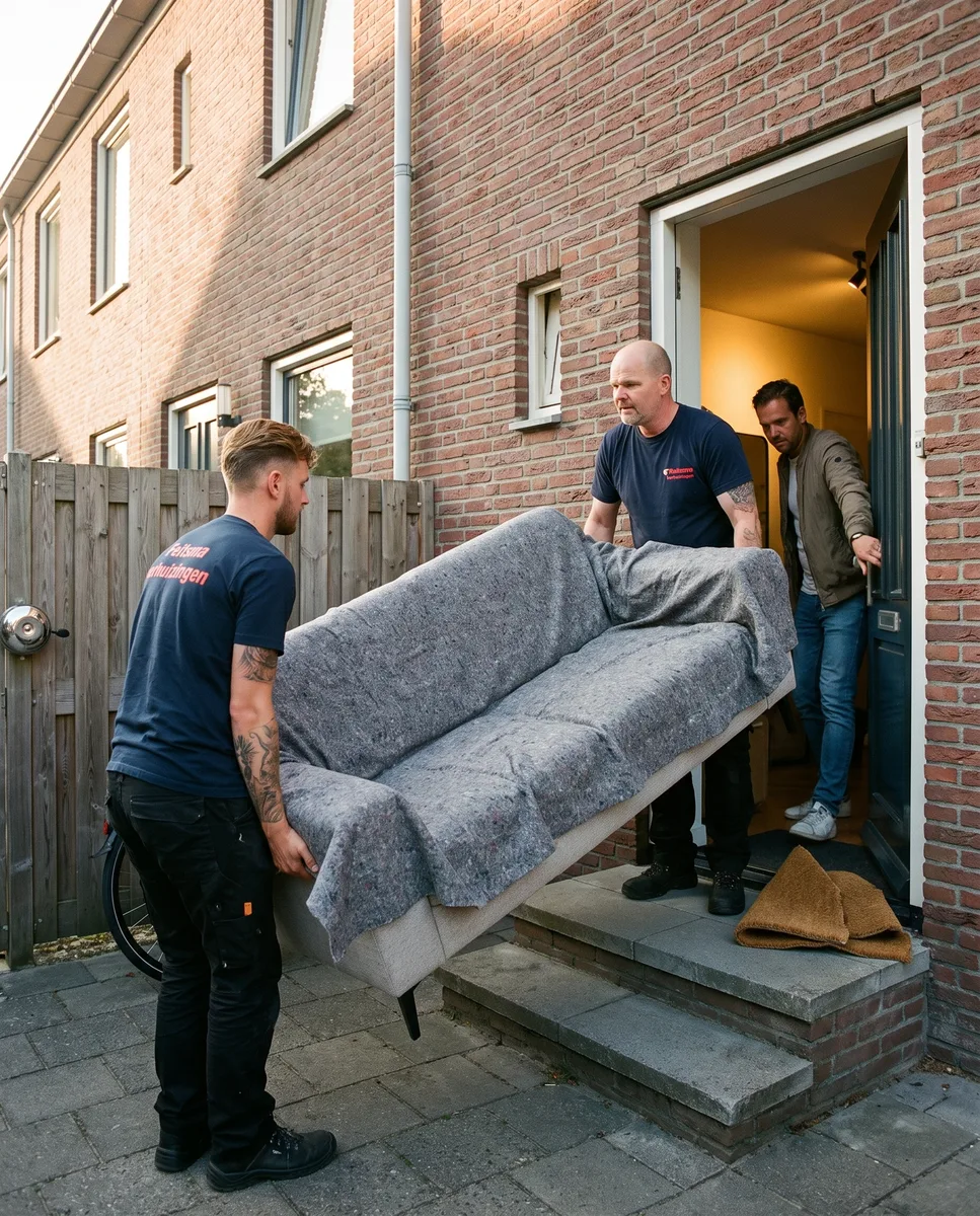 New sofa wrapped in moving blankets being carried in through the front door
