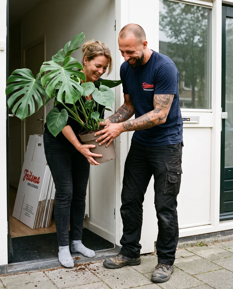 Verhuizer geeft de monstera voorzichtig aan de bewoonster