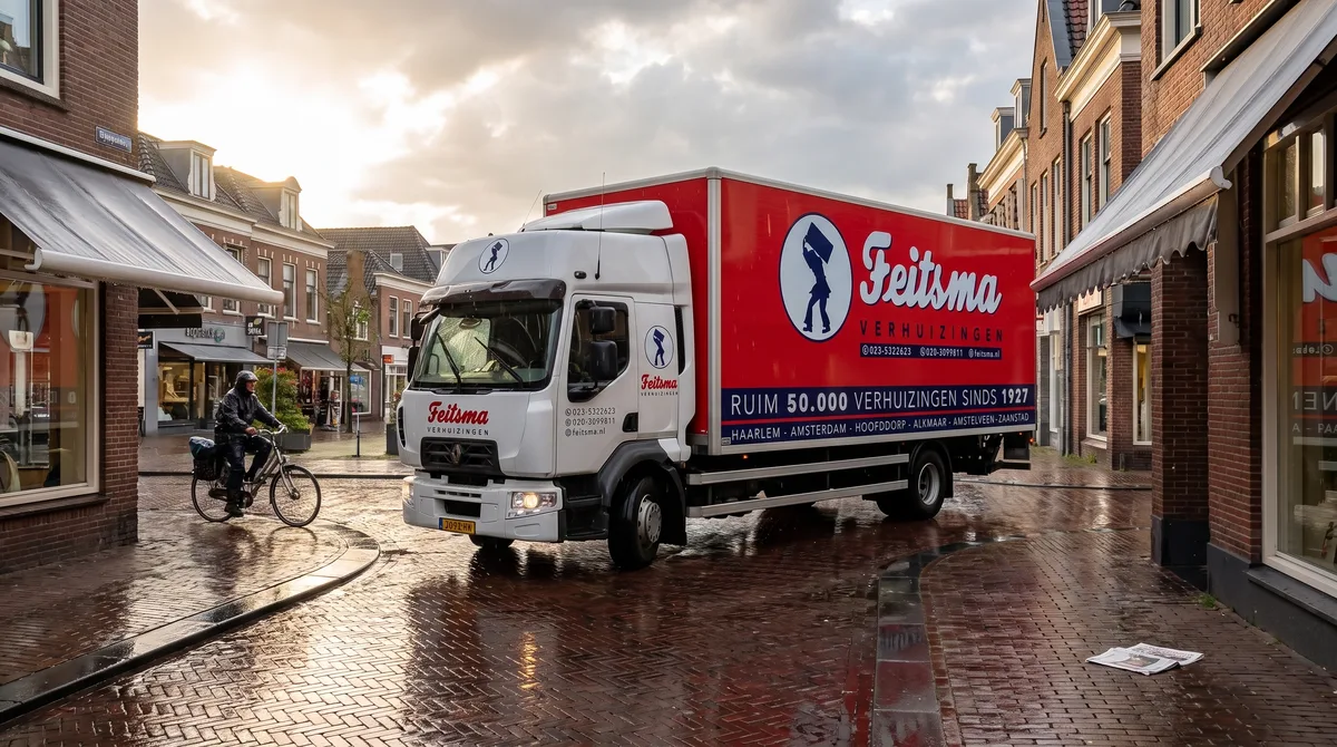Feitsma-verhuiswagen rijdt de winkelstraat in na een regenbui