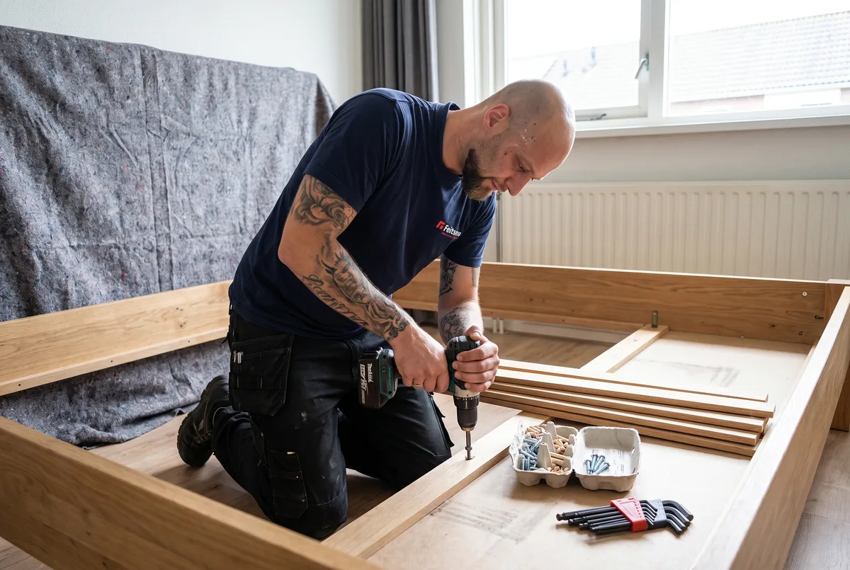 Monteur draait het bedframe in elkaar in de nieuwe slaapkamer