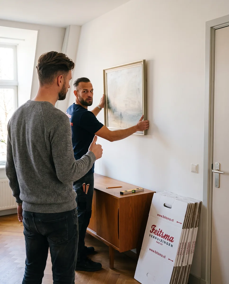 Verhuizer houdt het schilderij tegen de muur terwijl de bewoner aanwijzingen geeft