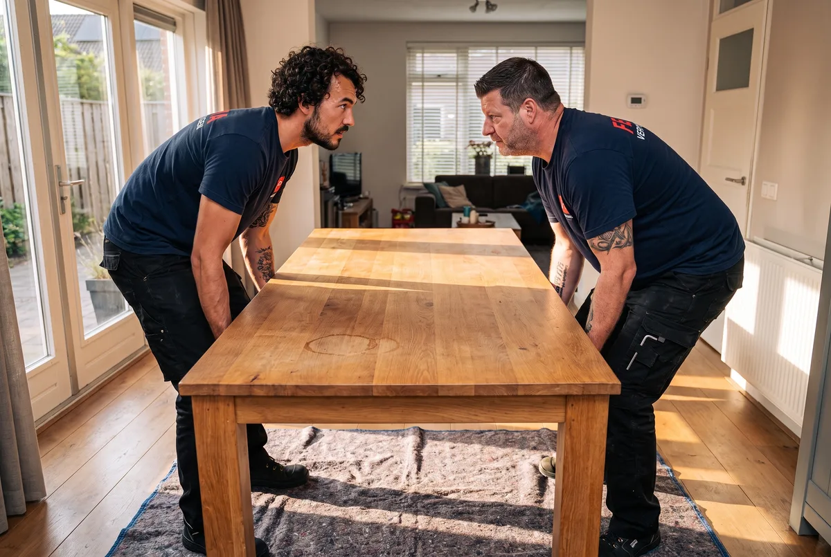 Twee verhuizers tillen het eikenhouten tafelblad samen op