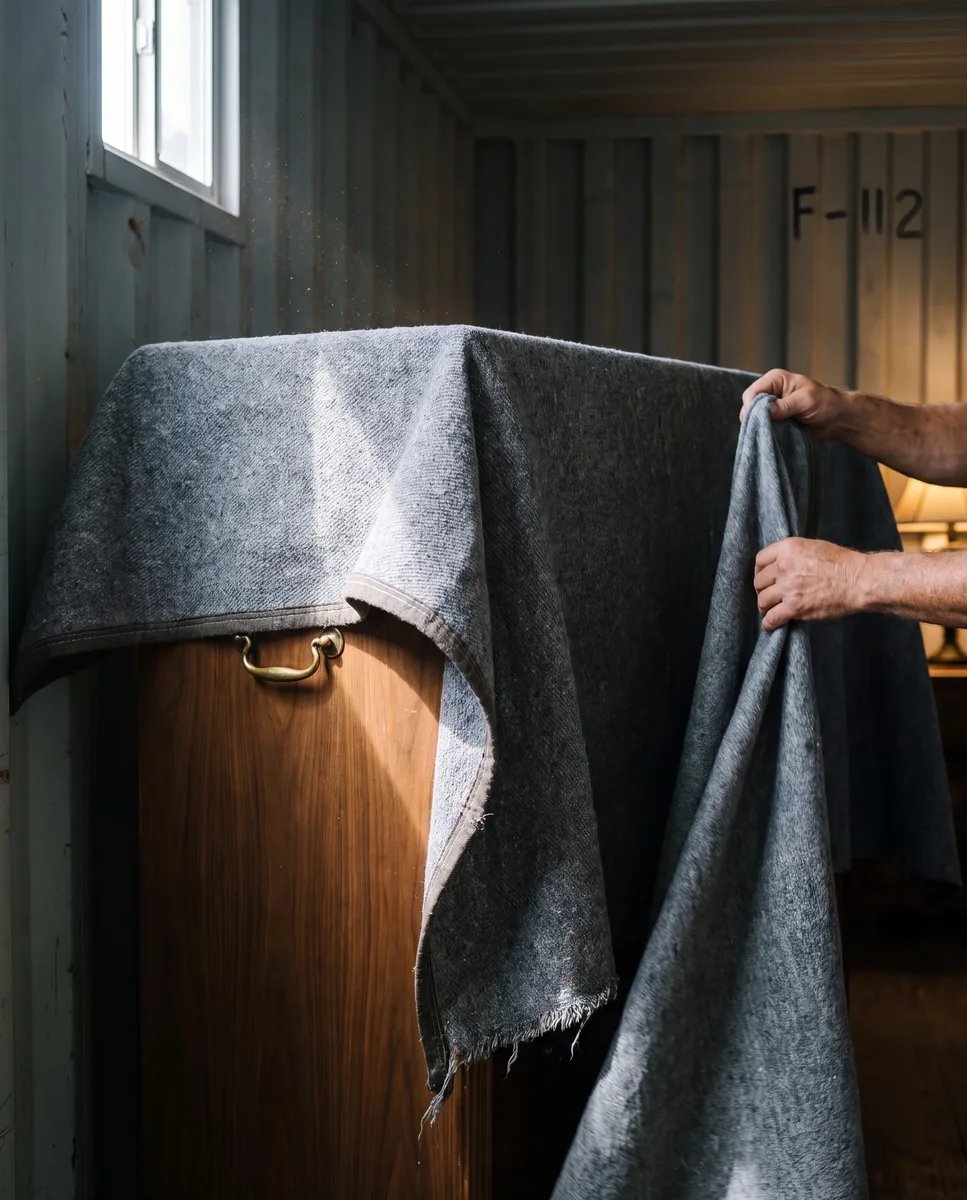 Sideboard in the storage container being covered with loose moving blankets